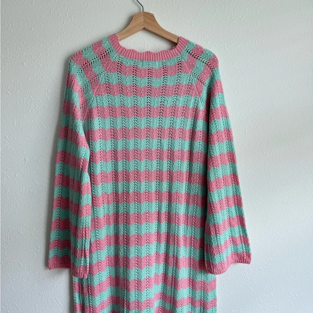Pink Lily Knit Sweater Dress Pink Mint Striped Weave Pullover Medium Crochet - Picture 3 of 6
